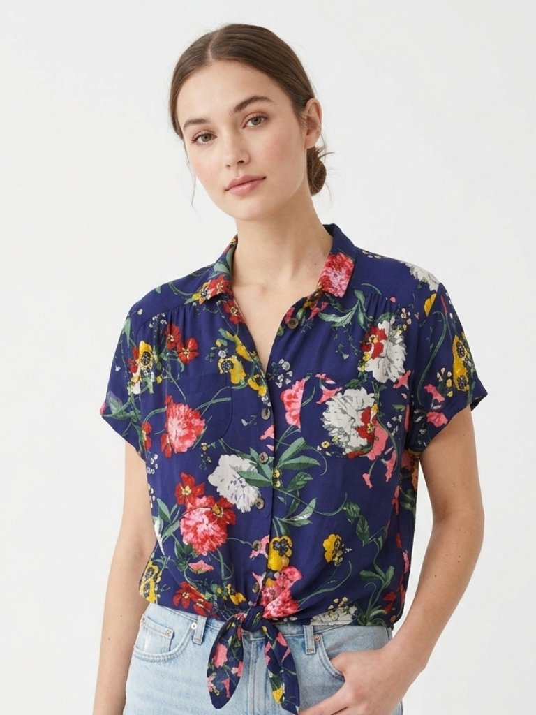 Anthropologie Maeve Bateau Blouse Blue Floral Tie Bottom Short Sleeve 14